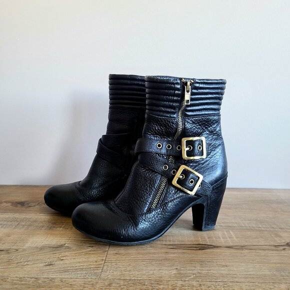 Miz Mooz Shoes - Miz Mooz black booties with brass buckles.